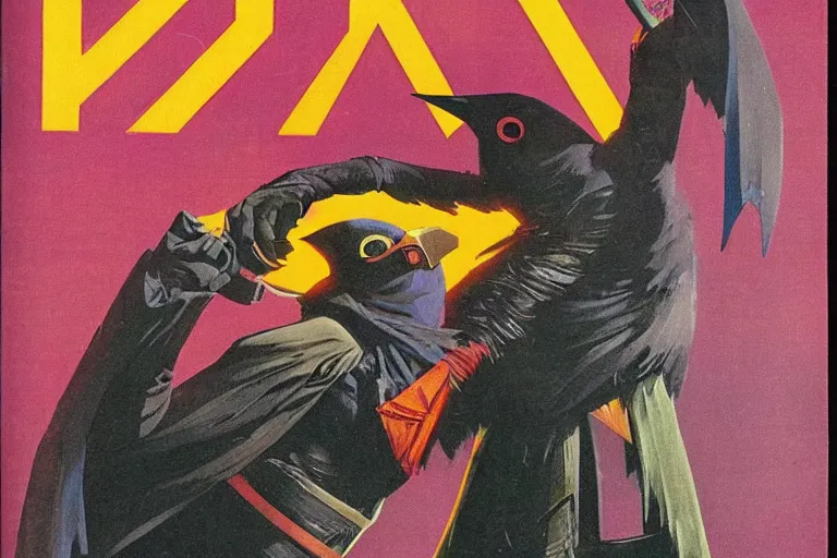 Image similar to 1979 OMNI Magazine Cover of a kenku rogue. in cyberpunk style by Vincent Di Fate