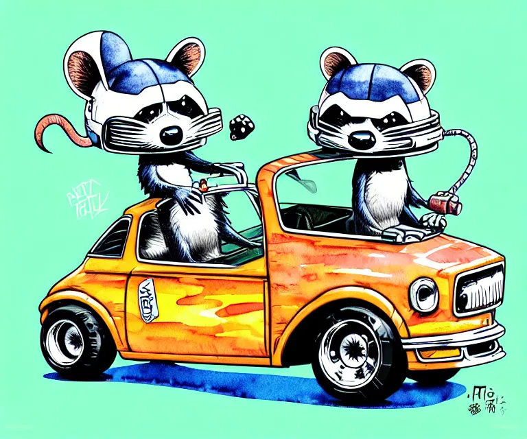 Image similar to cute and funny, racoon wearing a helmet riding in a tiny hot rod with oversized engine, ratfink style by ed roth, centered award winning watercolor pen illustration, isometric illustration by chihiro iwasaki, edited by range murata, tiny details by artgerm and watercolor girl, symmetrically isometrically centered