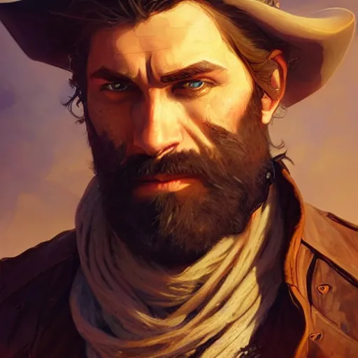 Image similar to rugged bearded cowboy, painted fantasy character portrait, headshot, fantasy, highly detailed, digital painting, artstation, concept art, sharp focus, illustration, art by artgerm and greg rutkowski and alphonse mucha