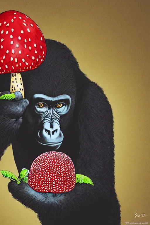 Image similar to gorilla holding an amanita muscaria, by alba ballesta gonzalez and moebius. 4 k wallpaper, digital flat 2 d, japan animation, comic book, illustration, cinematic lighting, smooth sharp focus very detailed, highly intricate