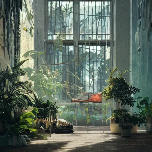 Image similar to 70s interior with arched windows, natural sunlight, summer, hanging plants, cinematic, cyberpunk, lofi, calming, dramatic, fantasy, by zdzisław beksiński, Fantasy LUT, high contrast, epic composition, sci-fi, dreamlike, surreal, angelic, cinematic, 8k, unreal engine, hyper realistic, fantasy concept art,