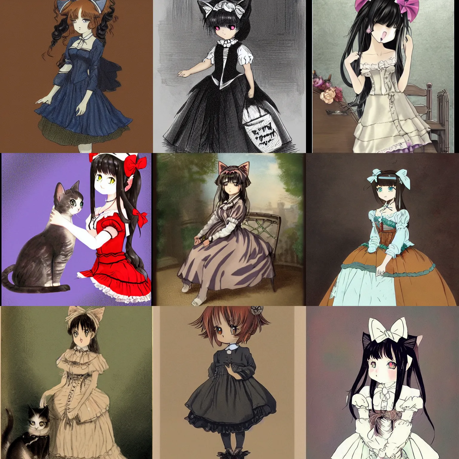 Prompt: victorian anime cat girl with a dress