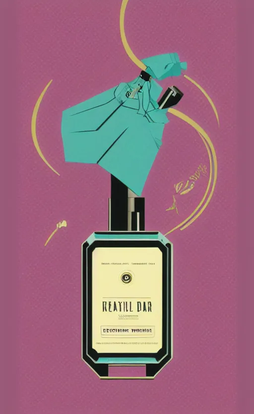 Image similar to illustration, close - up photo with beautiful bottle of perfume near nose, sniffing the aroma, an art deco painting by tom whalen, trending on behance, art deco, digital illustration, storybook illustration, grainy texture, flat shading, vector art, airbrush, pastel, watercolor, poster