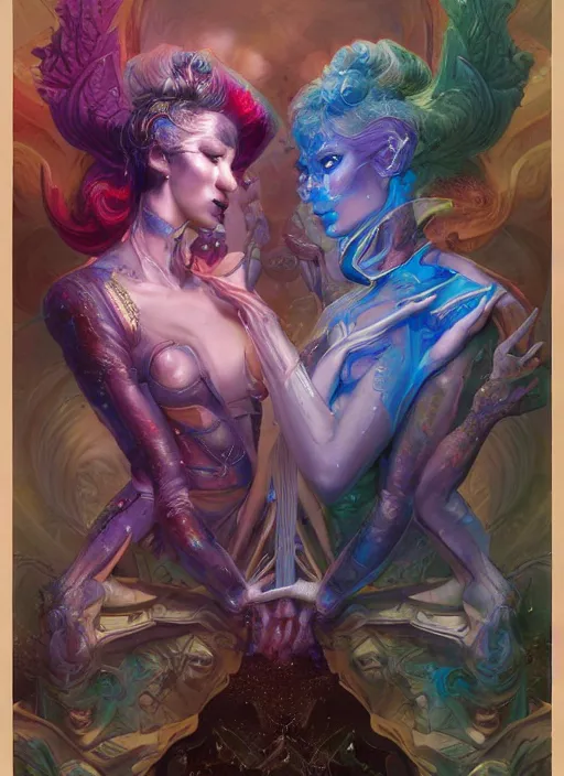 Image similar to beautiful gemini good and evil fantasy female character portrait, highly saturated colors, ultra realistic, wide angle, intricate details, the fifth element artifacts, holographic undertones, highly detailed by peter mohrbacher, hajime sorayama, wayne barlowe, boris vallejo, aaron horkey, gaston bussiere, craig mullins