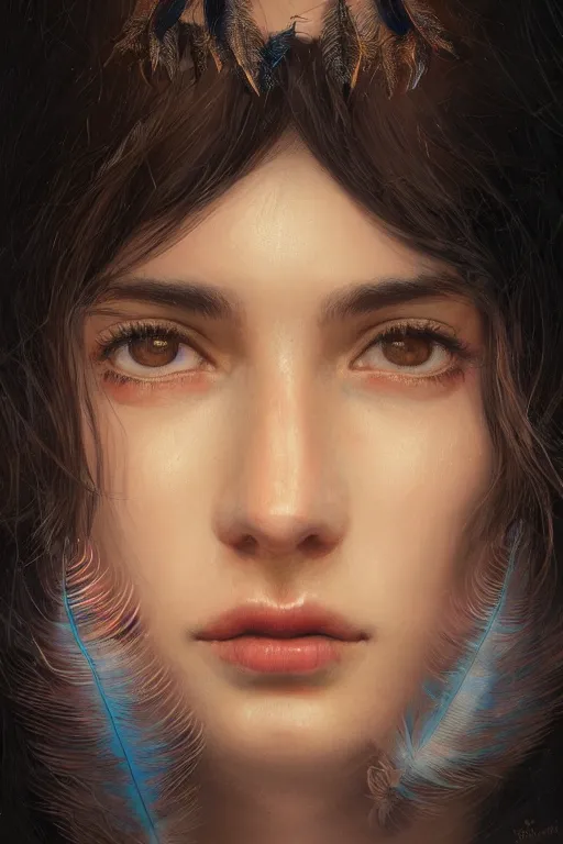 Image similar to portrait of spanish girl with feather background, staring directly into camera, intricate, elegant, glowing lights, highly detailed, digital painting, artstation, sharp focus, illustration, art by wlop, mars ravelo and greg rutkowski