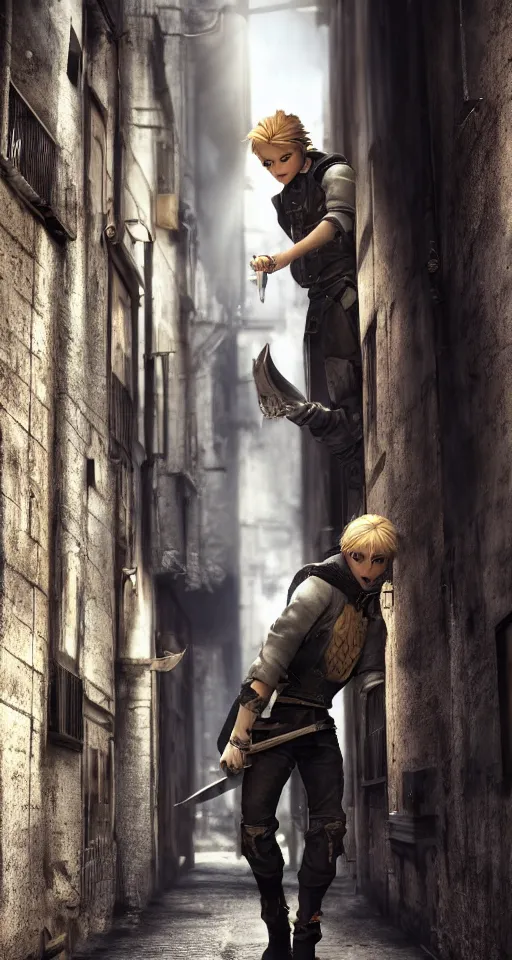 Prompt: A young blonde haired boy wearing thief clothes with daggers in an alleyway, epic fantasy, octane render, high detail, photorealistic, High details,4k