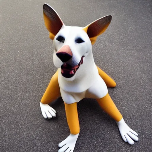 Image similar to dog human with paws for hands and feet, tails and faces of dogs, super duper realistic