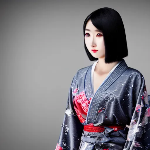 Prompt: a full body portrait of a beautiful asian girl, in kimono, half robot, long dark hair, young, hyper - realistic, very detailed, intricate, sexy pose, slight smile expression, photo realistic, dramatic cinematic lighting, octane render, 4 k, ultra detailed