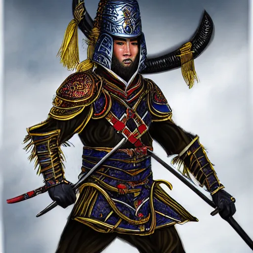 Prompt: portrait of a wuxia warrior in detailed ceremonial armour. digital art. high detail. sharp focus. high resolution. dungeons and dragons