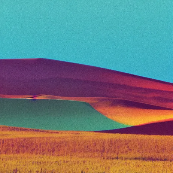 Prompt: rolling hills landscape, teal gradient, boards of Canada film photography 70's, album art