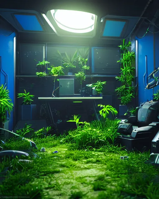 Image similar to Solarpunk gaming PC, futuristic utopia, scifi, green plants, blue light, small room, fine details, atmosphere, glow, extreme realistic, trending on artstation