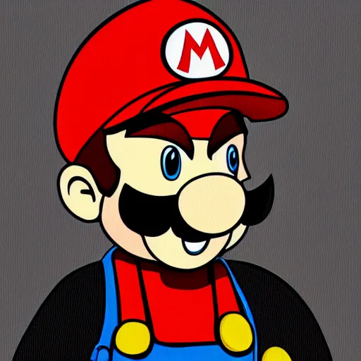 Prompt: fan artwork of mario, videogame art, limited color palette, black tones