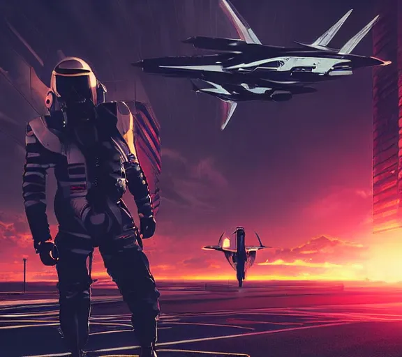 Image similar to fighter pilot stands beside futuristic sci fi fighter jet landed at runway of cyberpunk city ,dark cinematic lighting , digital concept art