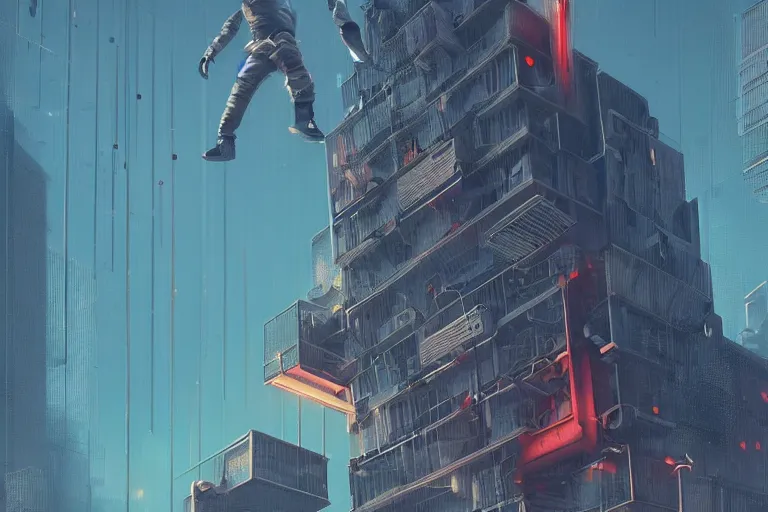 Image similar to man falling from the top of the building, sci fi, art by mike winkelmann, trending on cgsociety, retrofuturism, darksynth, sci - fi, red, black, poster