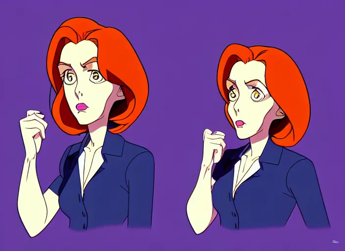 Image similar to a shaded animation cel of dana scully, sharp detail, realistic anatomy, in the style of western cartoons, by don bluth, filmation, toei animation, studio trigger, studio ghibli, 5 k, artstation trending