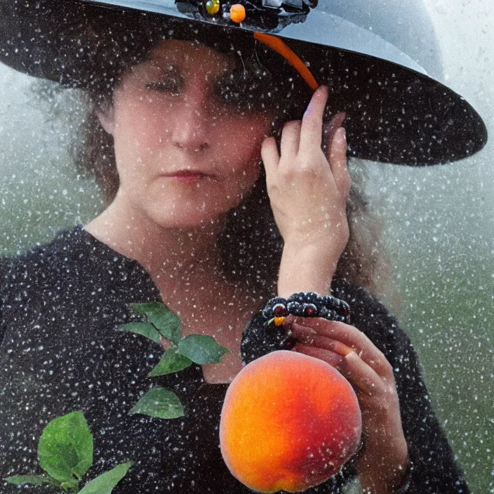 Image similar to a closeup portrait of a woman wearing a helmet made of beads, picking peaches from a tree, foggy, moody, photograph, by vincent desiderio, canon eos c 3 0 0, ƒ 1. 8, 3 5 mm, 8 k, medium - format print