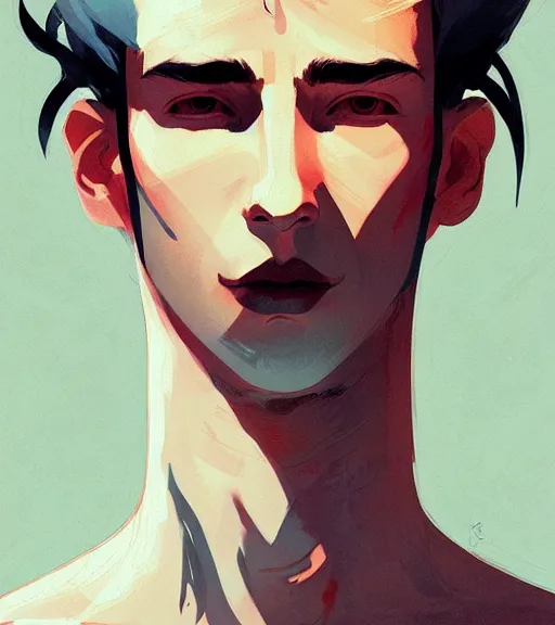 Image similar to portrait of a young man, raised on the island, white hair, face tatooes by atey ghailan, by greg rutkowski, by greg tocchini, by james gilleard, by joe fenton, by kaethe butcher, dynamic lighting, gradient light blue, brown, blonde cream and white color scheme, grunge aesthetic