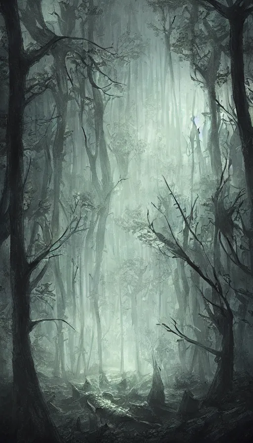 Image similar to a storm vortex made of many demonic eyes and teeth over a forest, by wlop