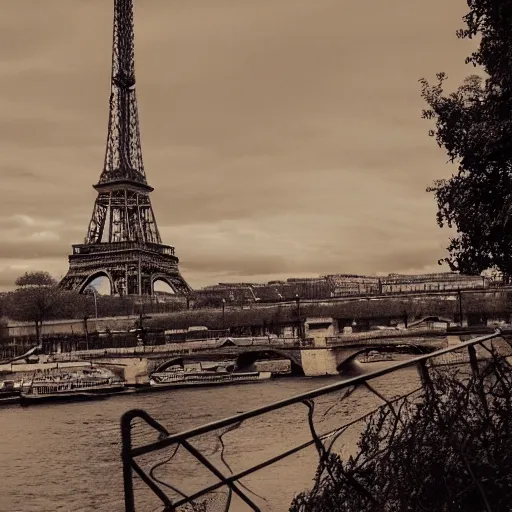 Image similar to The city of Paris, filled with rusted Eiffel towers, nostalgic feeling, sepia, beautiful landscape, intense lighting, 8k, trending on artstation