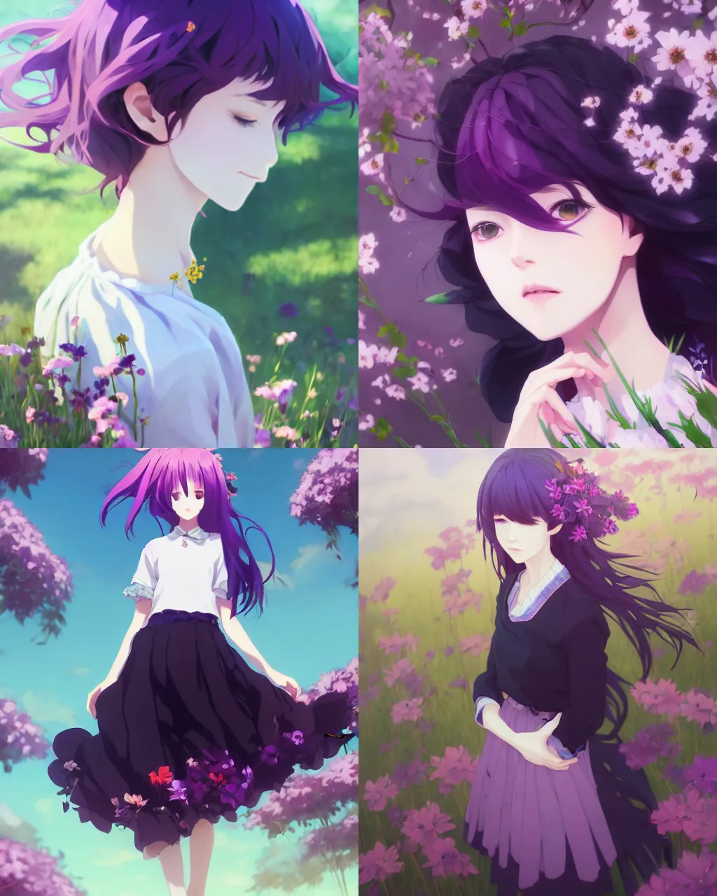 Prompt: girl with purple hair and black skirt, wearing a lot of flowers, a beautiful portrait, top lighting, perfect shadow, soft painting, art by hidari and makoto shinkai and wenjun lin
