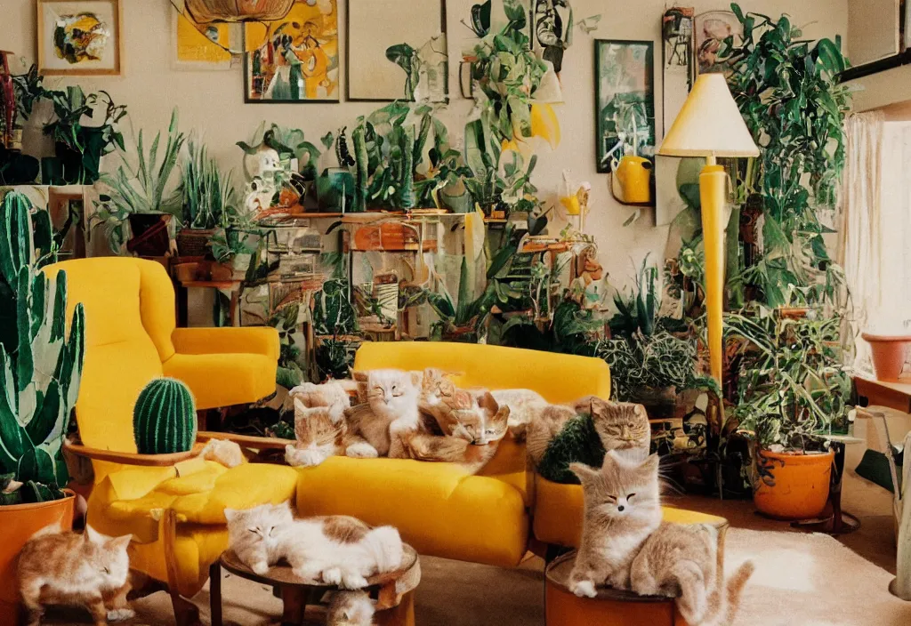 Prompt: 1970s interior magazine photo of two yellow armchairs with a glowing lava lamp next to it, at dusk, with kittens, wooden walls with framed art, and a potted cactus and some hanging plants, with dappled light coming in through a circular window