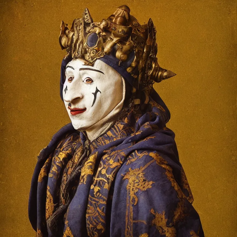 Prompt: “portrait a medieval jester, studio lighting hyperreal photograph old royal medieval painting jester masks”