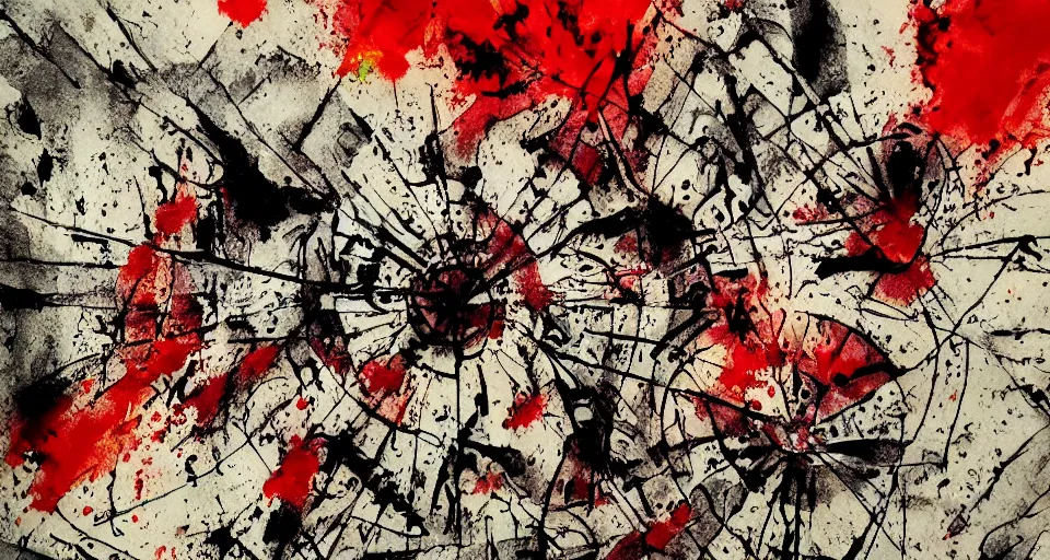 Image similar to category b film poster with trace of a shot in centre, ink painting with patterns, texture, blood splatter on the sides, focus render, painting, grainy tape, distortion, few details,