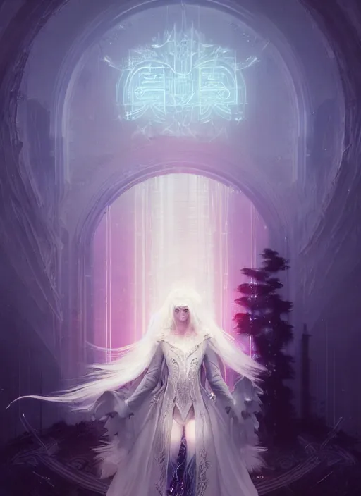 Prompt: a beautiful white haired princess, intricate concept art, ethereal, ominous, mysterious, enchanted, magic, dramatic lighting, illuminated lines, outrun, vaporware, illuminated rune symbols, cyberpunk darksynth, dark background, 8 k, by ruan jia and krenz cushart and alphonse mucha