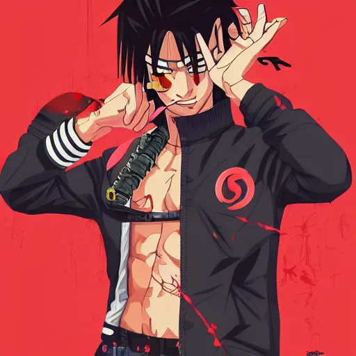 Prompt: Album Art for Playboi Carti Black Madara in Naruto Universe, Ninja Scrolls, Vector art, Geometric 3d shapes, Gang, Pistol, Blood, red smoke, by Sachin Teng, Trending on artstation