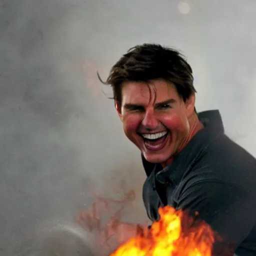 Prompt: Tom Cruise laughing in a house on fire