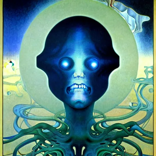 Image similar to realistic extremely detailed portrait painting of a ghost silhouette, futuristic sci-fi landscape on background by Jean Delville, Amano, Yves Tanguy, Alphonse Mucha, Ernst Haeckel, Edward Robert Hughes, Roger Dean, rich moody colours, blue eyes