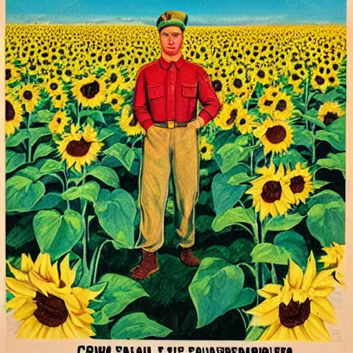 Image similar to Communist Propaganda Poster of a soldier in a sunflower field.