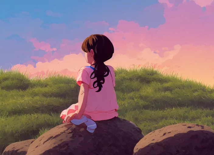 Prompt: a little girl with short wavy curly light brown hair sitting on a rock. background is a pink and blue sunrise sky. clean cel shaded vector art. shutterstock. behance hd by lois van baarle, artgerm, helen huang, by makoto shinkai and ilya kuvshinov, rossdraws, illustration, art by ilya kuvshinov