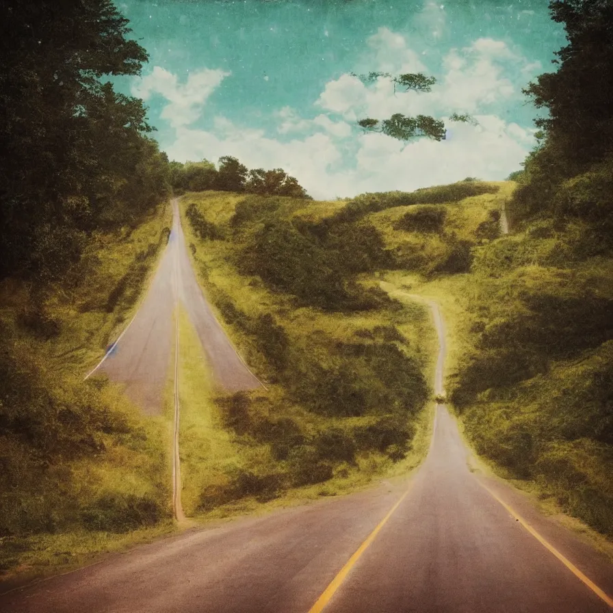 Prompt: the artwork of an atmospheric indie music album titled'going down the road '.