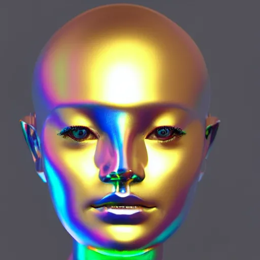 Image similar to 3d render of holographic human robotic head made of glossy iridescent, surrealistic 3d illustration of a human face non-binary, non binary model, 3d model human, cryengine, made of holographic texture, holographic material, holographic rainbow, concept of cyborg and artificial intelligence