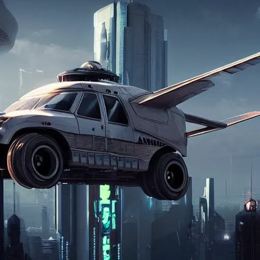 Prompt: cyberpunk alien concept of the a - team van with airplane wings in both sides flying in the sky, futuristic look, highly detailed body, very powerful, photorealistic camera shot, crisp quality and light reflections, unreal engine 5 quality render