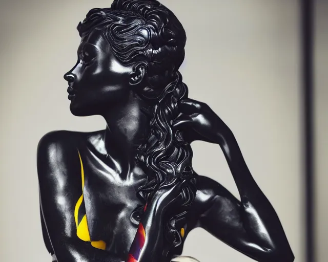 Prompt: extremely beautiful female black marble statue with colorful motocross logos behind her, sharp focus, clear, detailed,, cinematic, detailed, off white, glamourous, symmetrical, vogue, editorial, fashion, magazine shoot, glossy