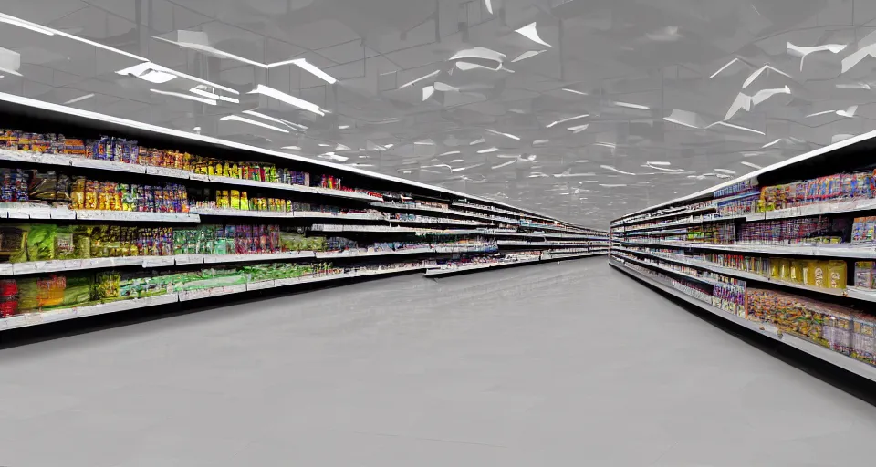 Image similar to vast futuristic supermarket with endless empty shelves, vray render, hyperrealistic, highly detailed