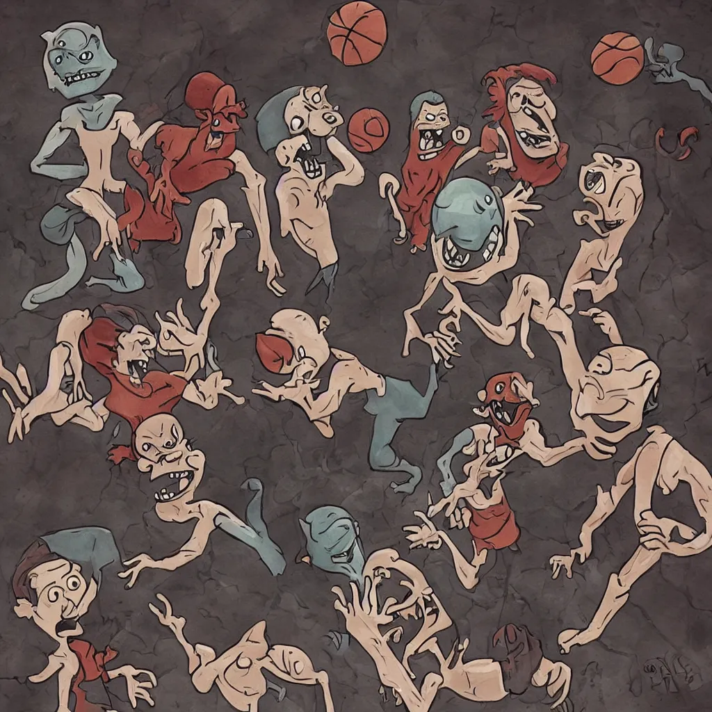 Prompt: a ghost, an alien, a werewolf and a vampire playing basketball together, lowbrow, surealistic, hd