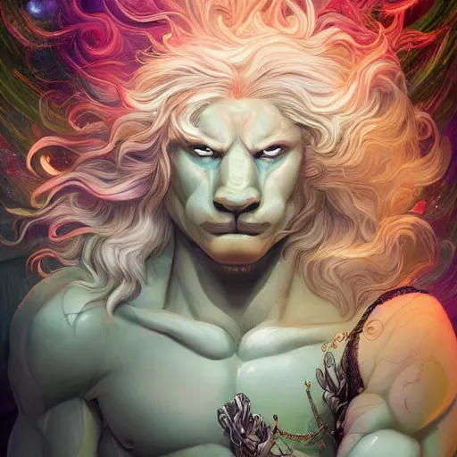 Prompt: aesthetic portrait commission of a albino muscular and attractive anthro lion with mane turning into green cosmic smoke while wearing an attractive pastel greek jeweled outfit floating inside a floating palace in the clouds, minimalistic art, hyperdetailed. Character design by charlie bowater, ross tran, artgerm, and makoto shinkai, detailed, inked, western comic book art, 2021 award winning painting