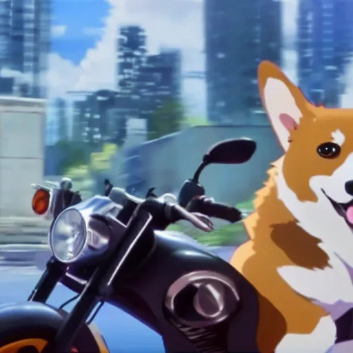 Image similar to A corgi on a motorcycle in an anime film by Makoto Shinkai