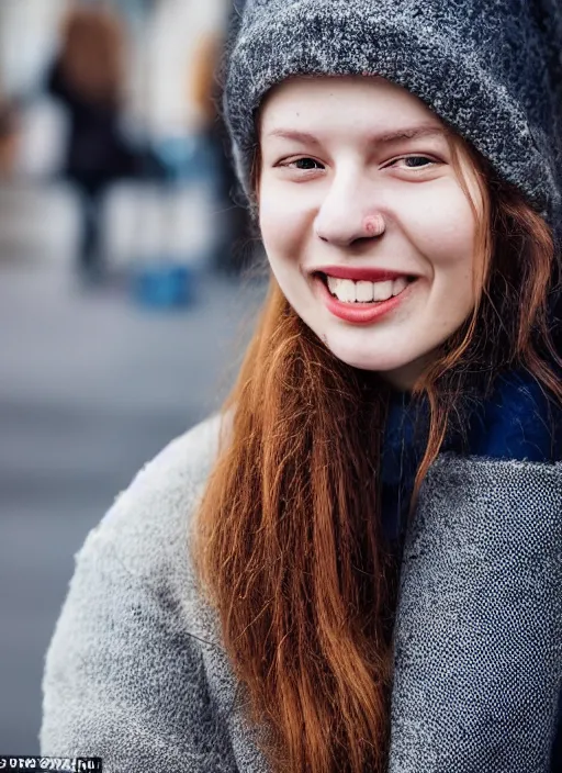 Image similar to Mid-shot portrait of a beautiful 20-year-old woman from Iceland, smile, candid street portrait in the style of Martin Schoeller award winning, Sony a7R