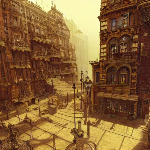 Image similar to highly detailed steampunk city designed by salvador dali, photorealistic, 3d, rendered in octane, volume light, fog, 8k, artstation