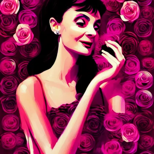 Image similar to beautiful charming goddess of sunshine and roses, inspired by audrey hepburn and tina fey, character art portrait, deviantart artstation, by alena aenami, by michael whelan, behance hd, bokeh