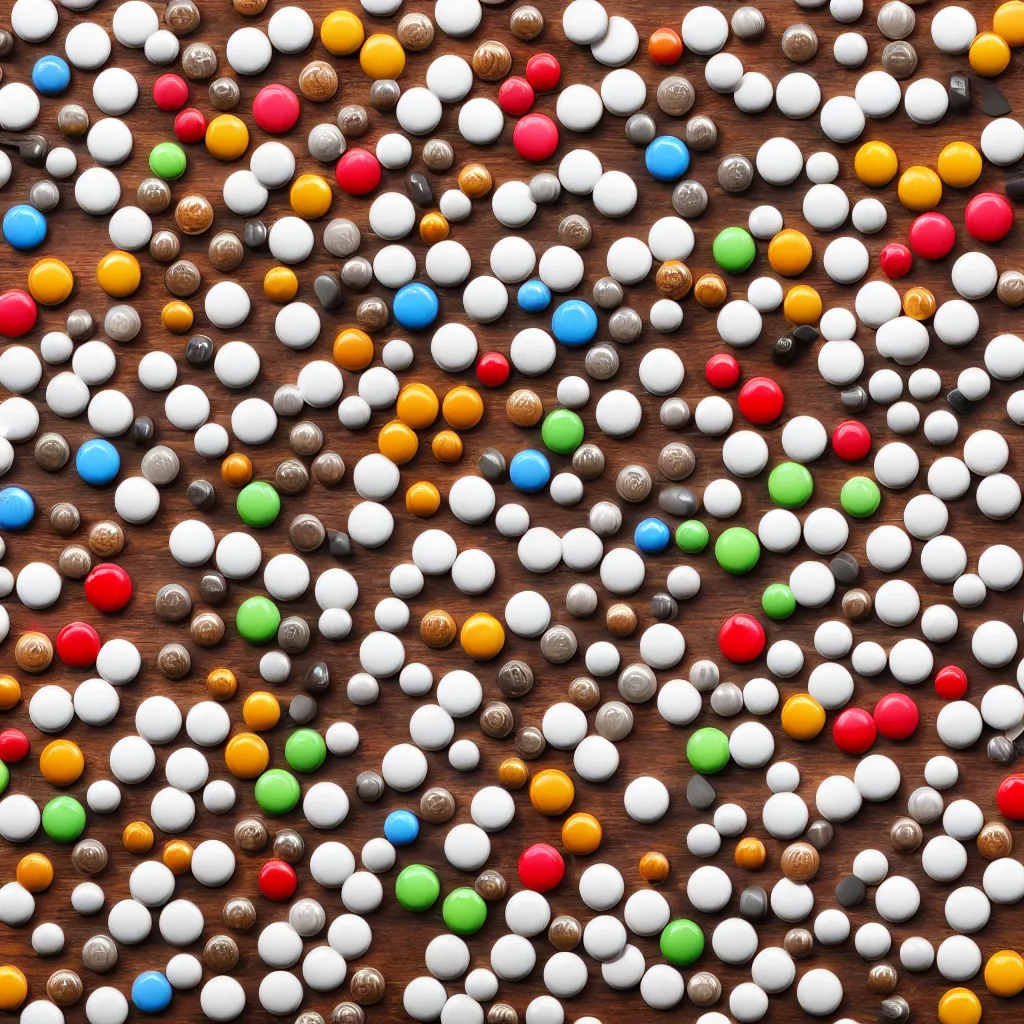 Image similar to top-down view of pills on top of a wooden table, 4k, photorealistic