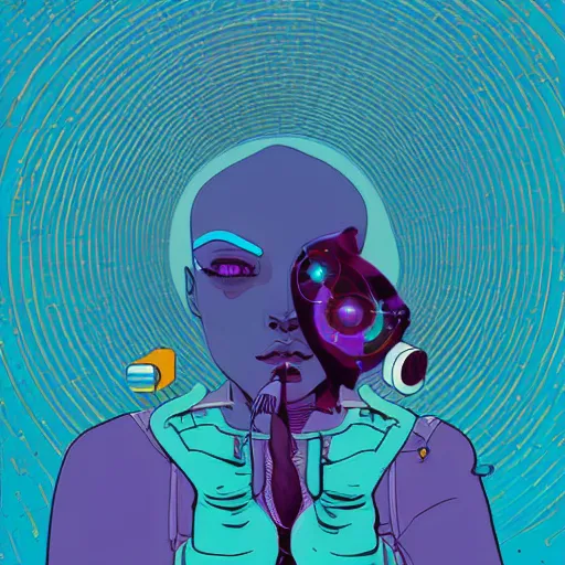 Image similar to A conceptual art. A rip in spacetime. Did this device in her hand open a portal to another dimension or reality?! electric blue by Tomer Hanuka lively