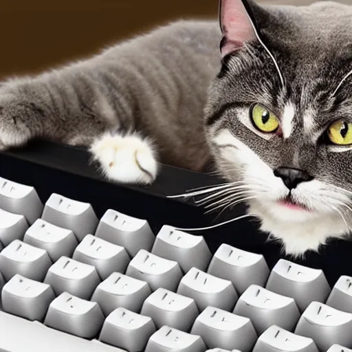 Image similar to angry cat typing on a mechanical keyboard.