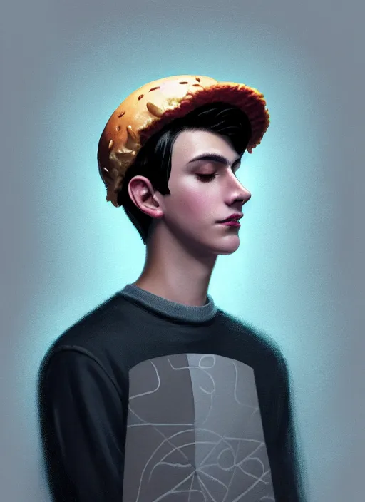 Image similar to portrait of teenage jughead jones wearing a light grey crown, crown, hamburger background, eyes closed, crown, black hair, intricate, elegant, glowing lights, warm lighting, highly detailed, digital painting, artstation, concept art, smooth, sharp focus, illustration, art by wlop, mars ravelo and greg rutkowski
