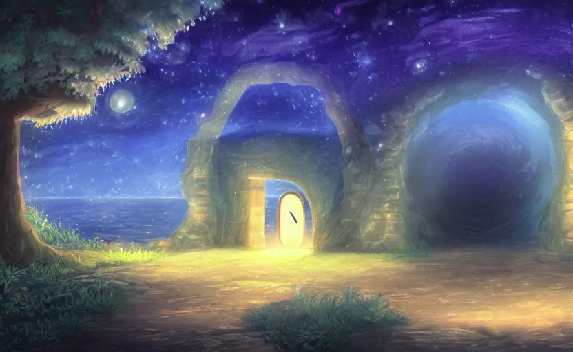 Image similar to a cell - shaded studio ghibli concept art study of a square dimensional portal doorway in egpyt on a misty starry night. water is flowing out of the mouth of the portal. very dull colors, hd, 4 k, hq