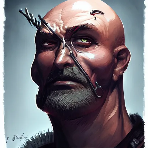 Prompt: bald man with iron spikes driven through his eyes, portrait, behance hd artstation, style of jesper ejsing